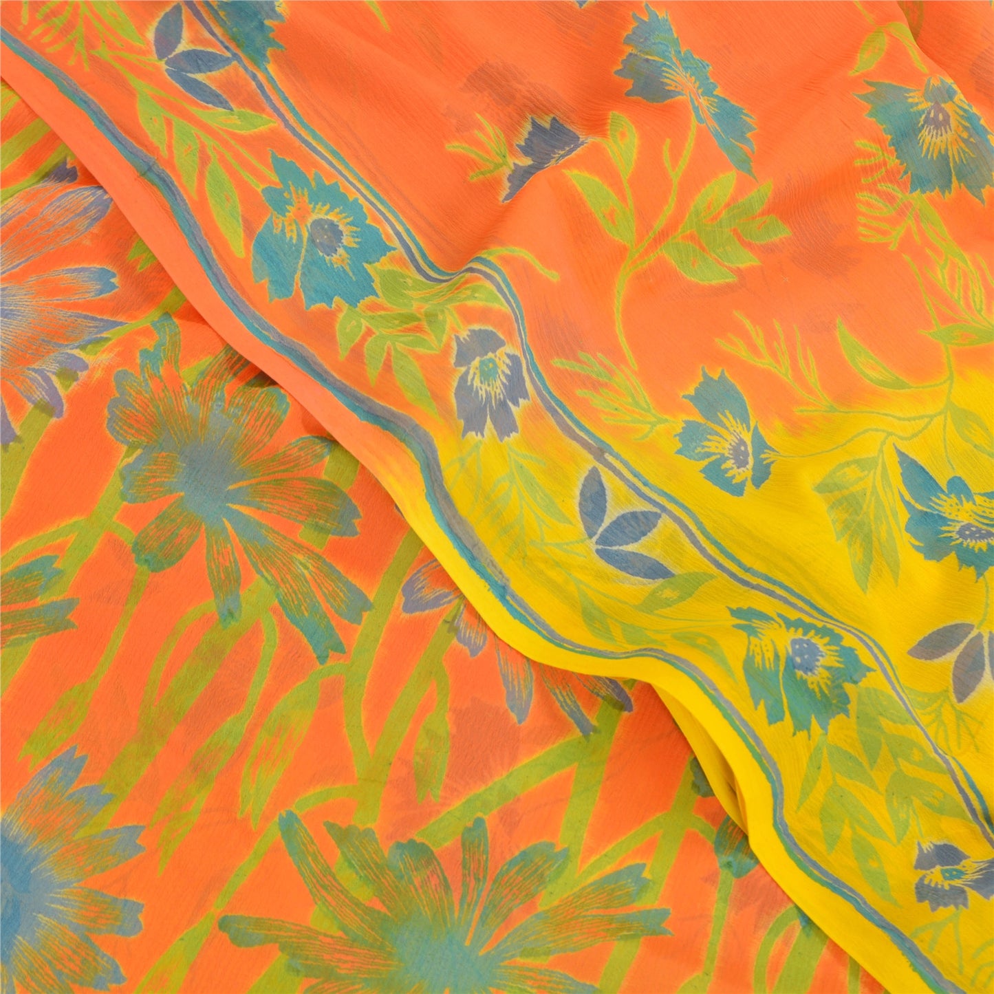 Sanskriti Vintage Yellow Sarees Chiffon Printed Sari 5 YD Floral Craft Sustainable Fabric
