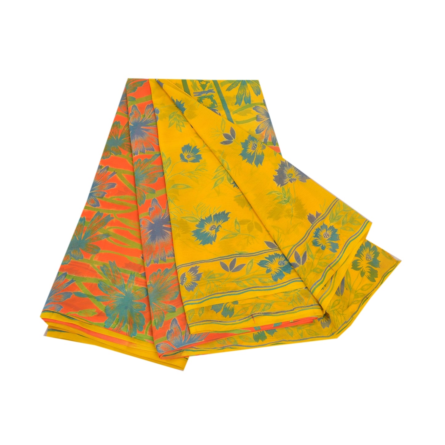 Sanskriti Vintage Yellow Sarees Chiffon Printed Sari 5 YD Floral Craft Sustainable Fabric
