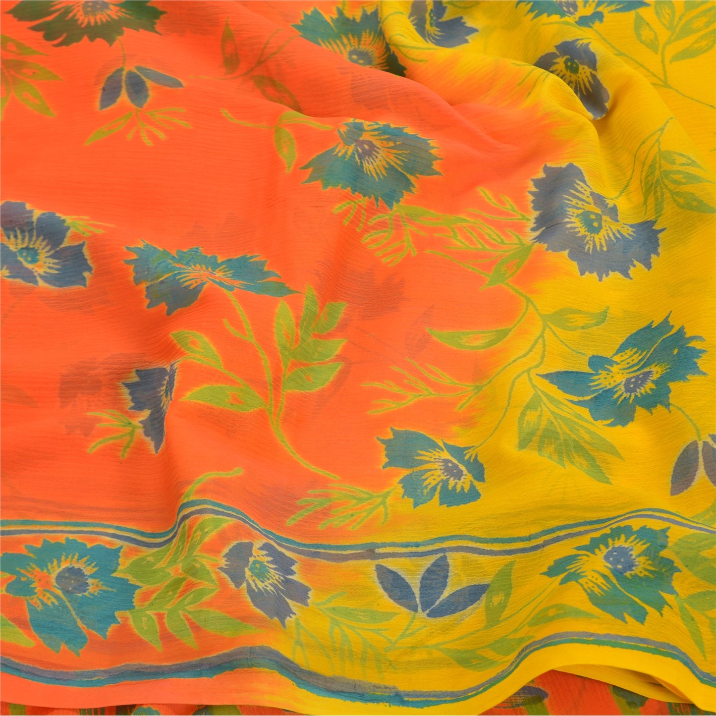 Sanskriti Vintage Yellow Sarees Chiffon Printed Sari 5 YD Floral Craft Sustainable Fabric