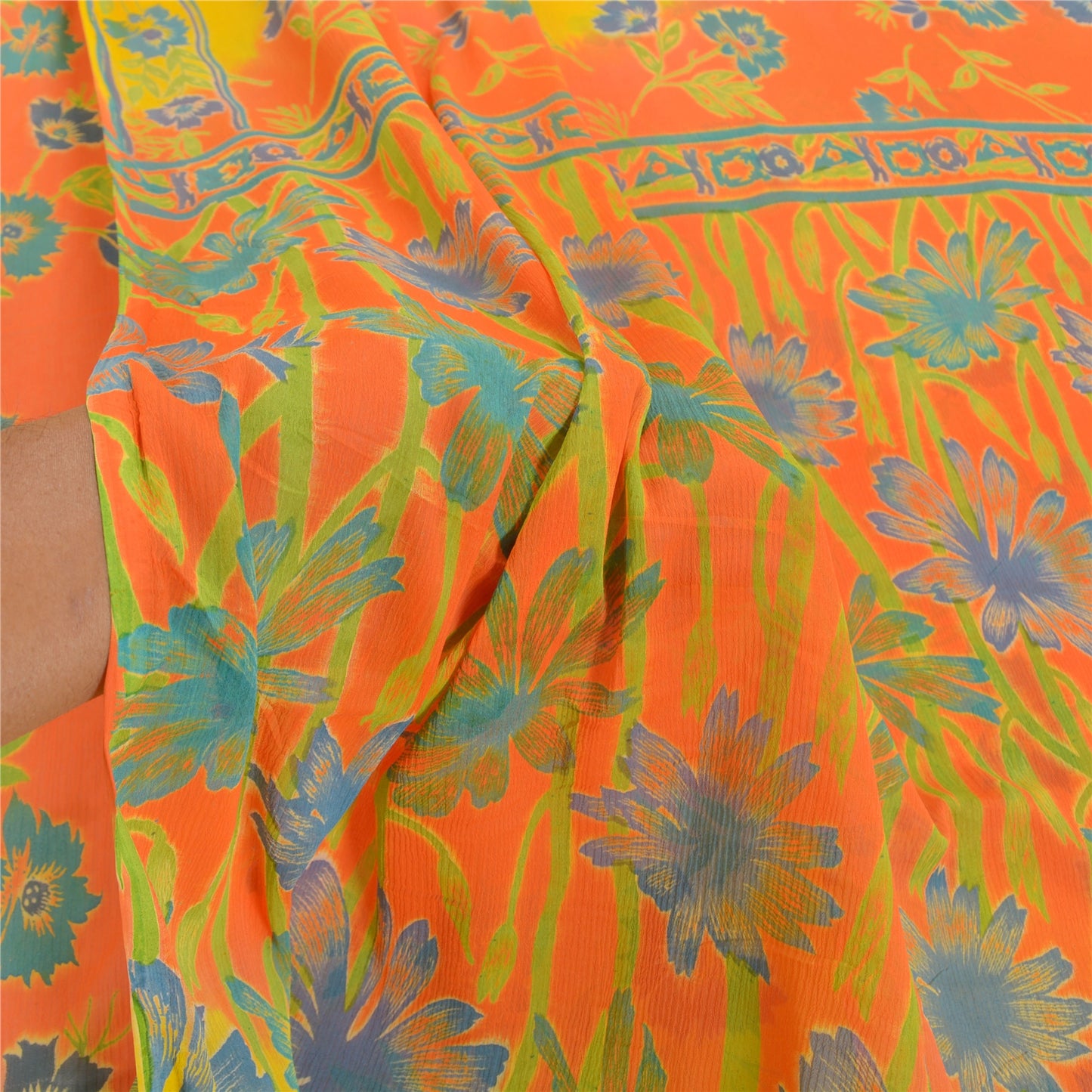 Sanskriti Vintage Yellow Sarees Chiffon Printed Sari 5 YD Floral Craft Sustainable Fabric