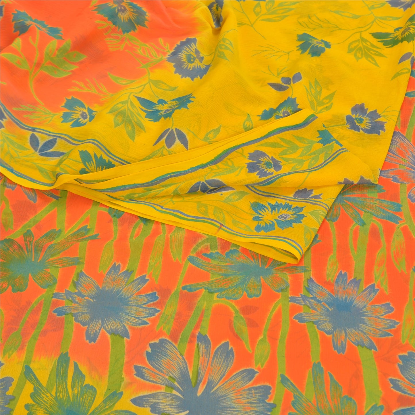 Sanskriti Vintage Yellow Sarees Chiffon Printed Sari 5 YD Floral Craft Sustainable Fabric