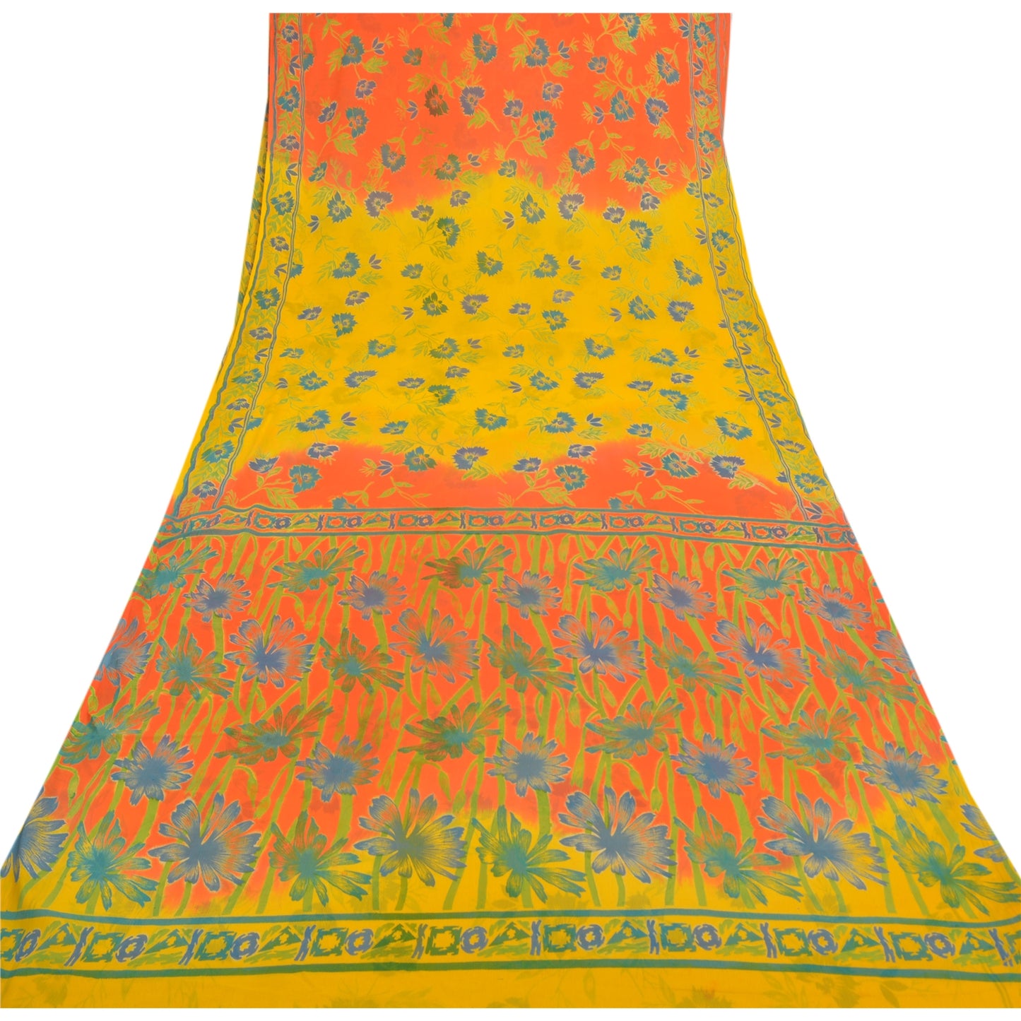 Sanskriti Vintage Yellow Sarees Chiffon Printed Sari 5 YD Floral Craft Sustainable Fabric