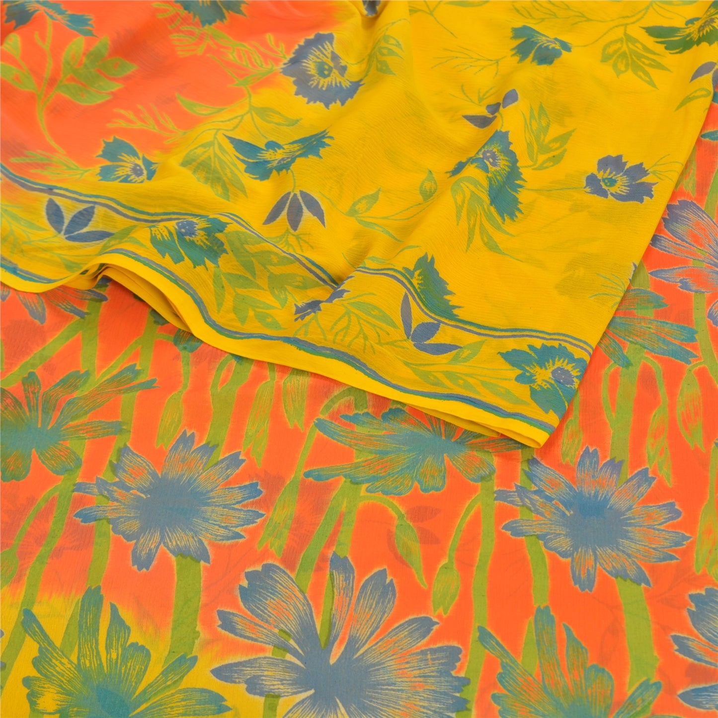 Sanskriti Vintage Yellow Sarees Chiffon Printed Sari 5 YD Floral Craft Sustainable Fabric