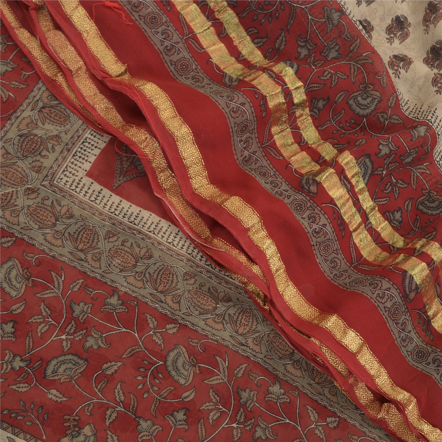 Sanskriti Vintage Cream Saree Blend Georgette Printed Zari Border Sari Sustainable Fabric