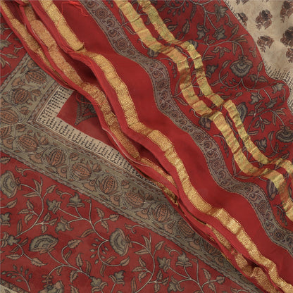 Sanskriti Vintage Cream Saree Blend Georgette Printed Zari Border Sari Sustainable Fabric