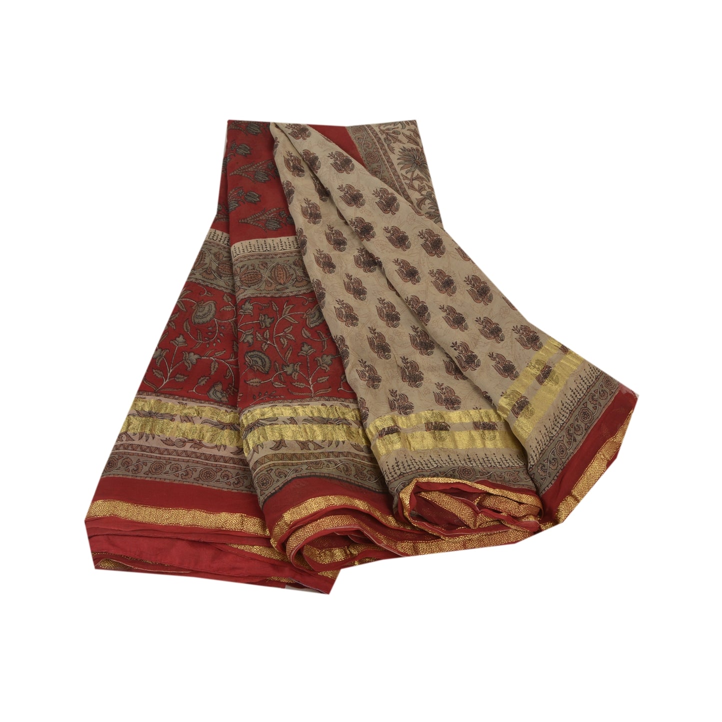 Sanskriti Vintage Cream Saree Blend Georgette Printed Zari Border Sari Sustainable Fabric