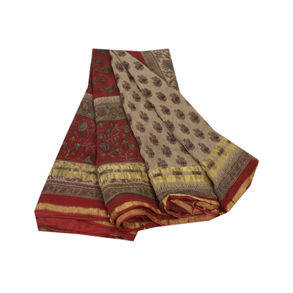 Sanskriti Vintage Cream Saree Blend Georgette Printed Zari Border Sari Sustainable Fabric