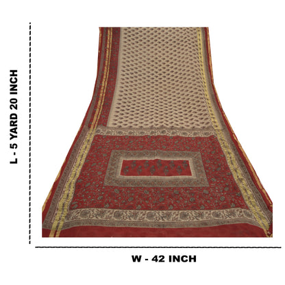 Sanskriti Vintage Cream Saree Blend Georgette Printed Zari Border Sari Sustainable Fabric