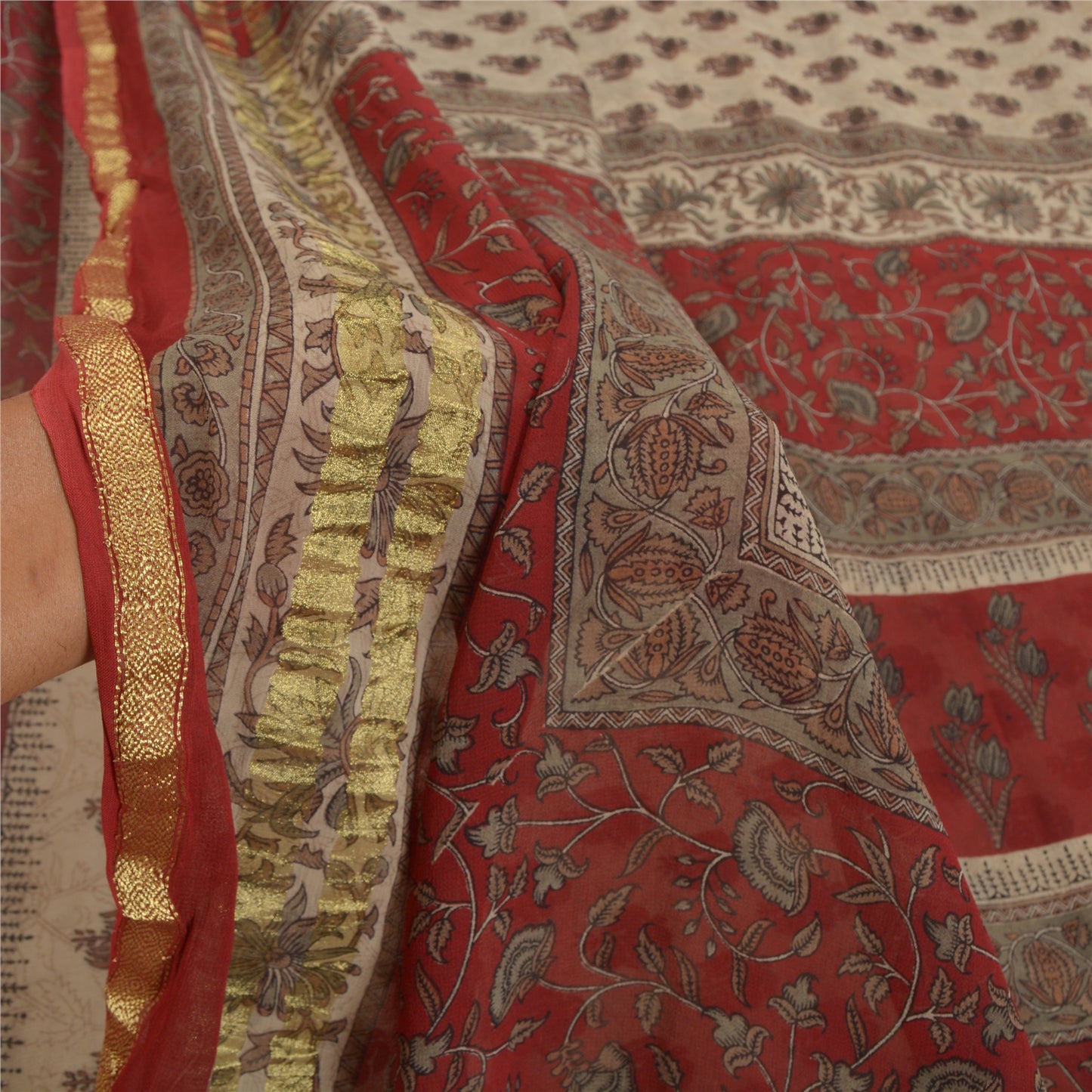 Sanskriti Vintage Cream Saree Blend Georgette Printed Zari Border Sari Sustainable Fabric