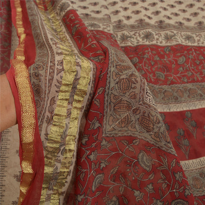 Sanskriti Vintage Cream Saree Blend Georgette Printed Zari Border Sari Sustainable Fabric