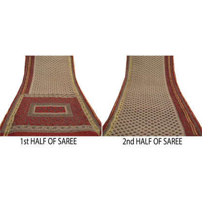 Sanskriti Vintage Cream Saree Blend Georgette Printed Zari Border Sari Sustainable Fabric