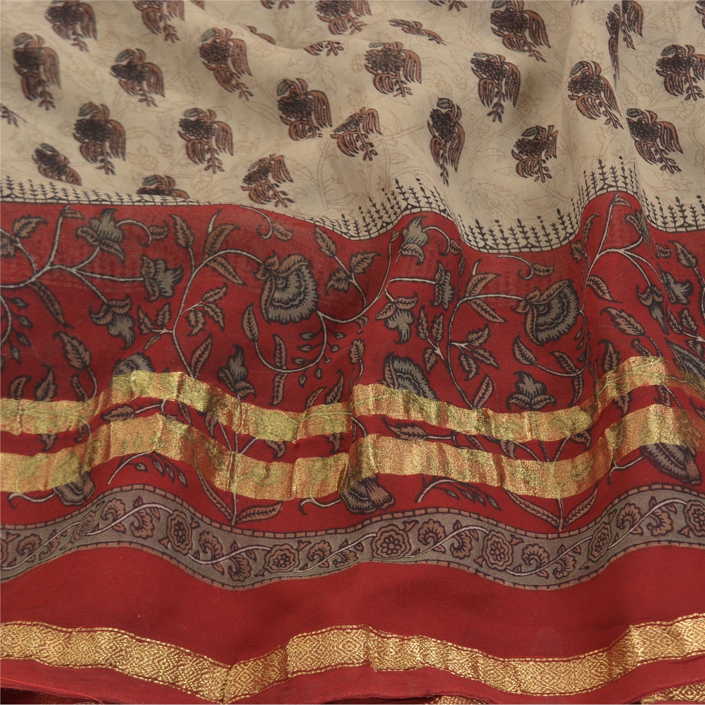 Sanskriti Vintage Cream Saree Blend Georgette Printed Zari Border Sari Sustainable Fabric