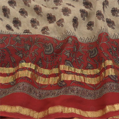Sanskriti Vintage Cream Saree Blend Georgette Printed Zari Border Sari Sustainable Fabric