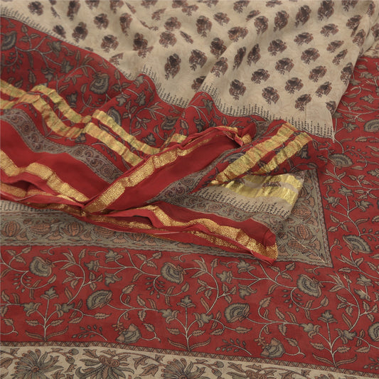 Sanskriti Vintage Cream Saree Blend Georgette Printed Zari Border Sari Sustainable Fabric