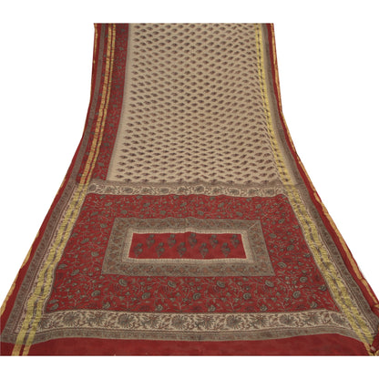 Sanskriti Vintage Cream Saree Blend Georgette Printed Zari Border Sari Sustainable Fabric