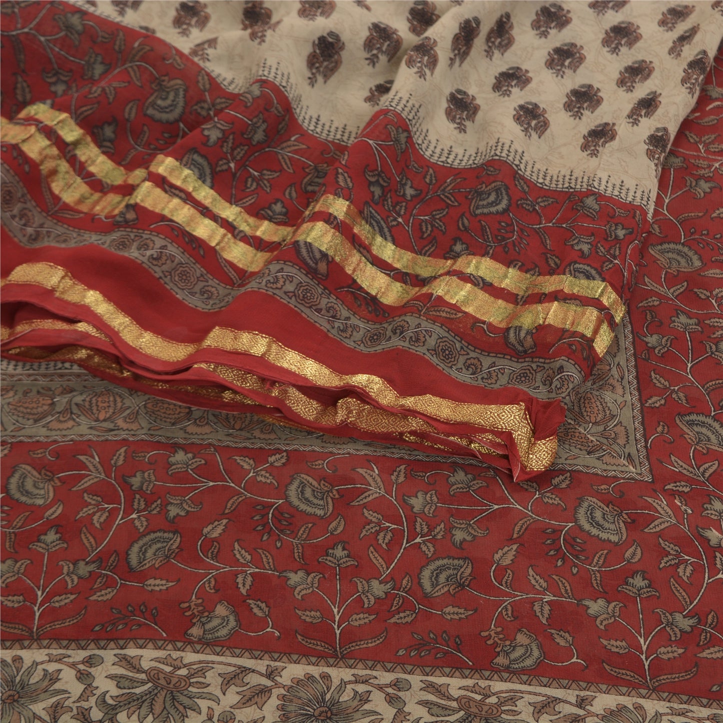 Sanskriti Vintage Cream Saree Blend Georgette Printed Zari Border Sari Sustainable Fabric