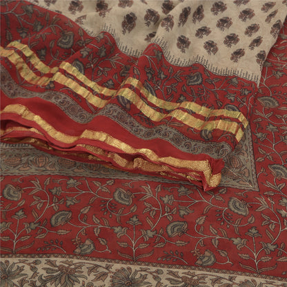 Sanskriti Vintage Cream Saree Blend Georgette Printed Zari Border Sari Sustainable Fabric