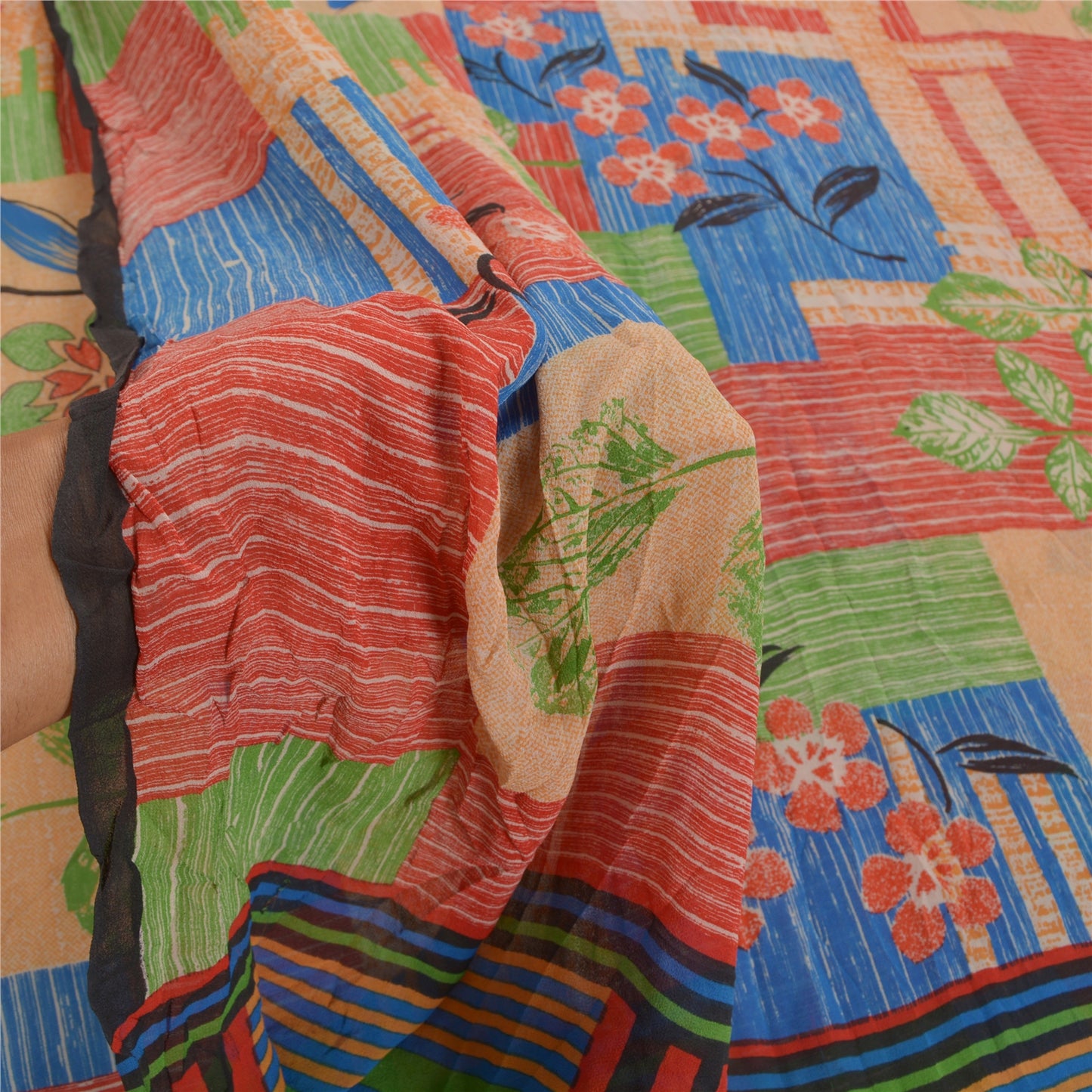 Sanskriti Vintage Indiske Sarier Ren Georgette Silke Trykt Sari Håndværk Bæredygtigt Stoff