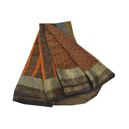 Sanskriti Vintage Red Sarees Pure Georgette Silk Printed Zari Border Sari Sustainable Fabric