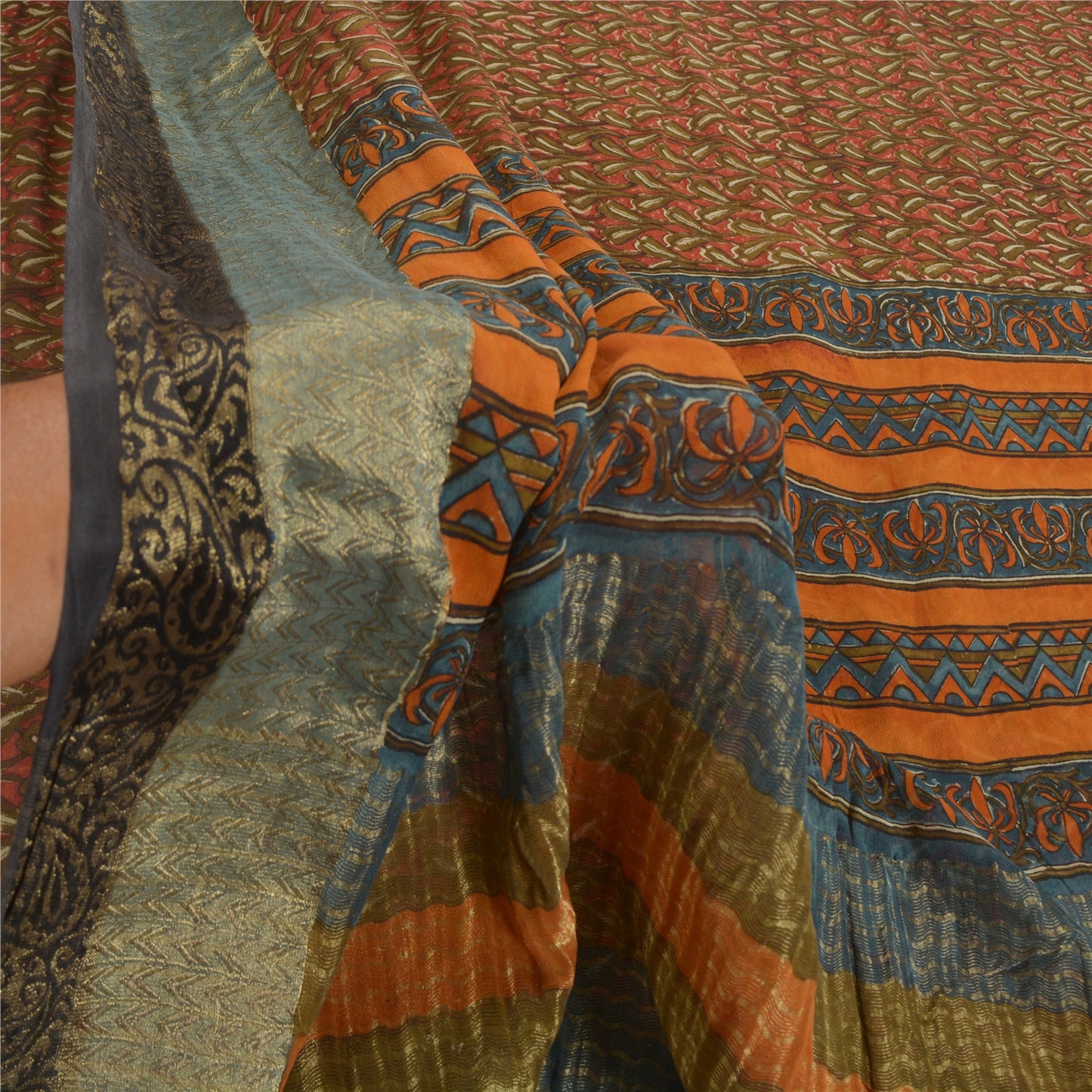Sanskriti Vintage Red Sarees Pure Georgette Silk Printed Zari Border Sari Sustainable Fabric