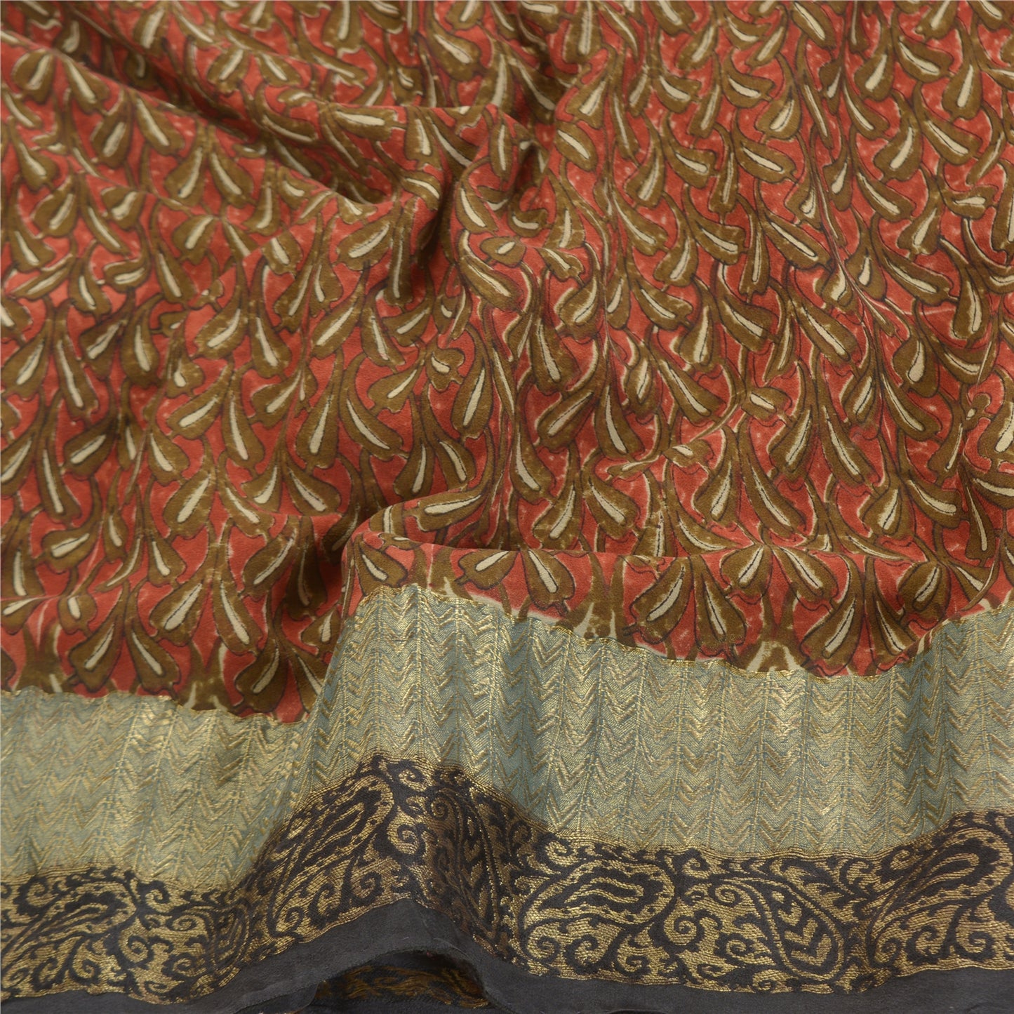 Sanskriti Vintage Red Sarees Pure Georgette Silk Printed Zari Border Sari Sustainable Fabric