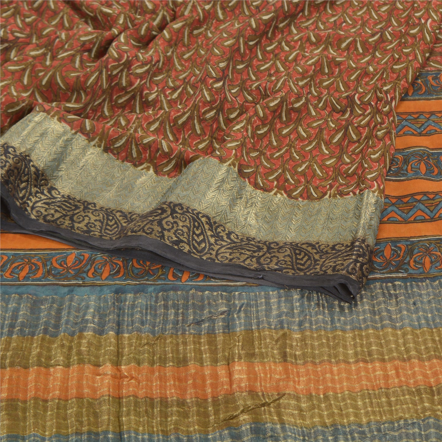 Sanskriti Vintage Red Sarees Pure Georgette Silk Printed Zari Border Sari Sustainable Fabric