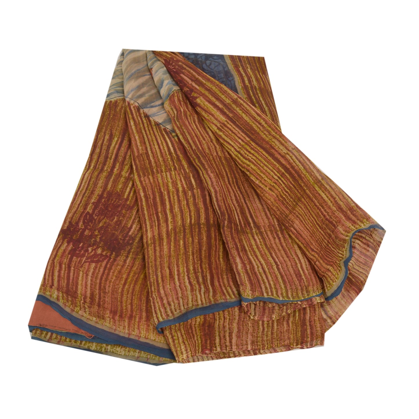 Sanskriti Vintage Brune Sarier Ren Chiffon Silke Trykt Sari 5YD Håndværk Bæredygtigt Stoff