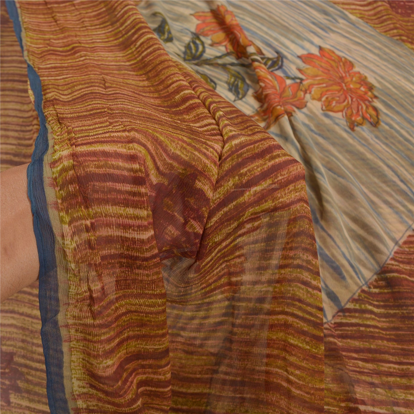 Sanskriti Vintage Brune Sarier Ren Chiffon Silke Trykt Sari 5YD Håndværk Bæredygtigt Stoff