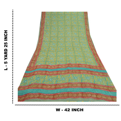 Sanskriti Vintage Grøn Sari Blend Georgette Trykt Sari 5 Yard Håndværk Bæredygtigt Stoff