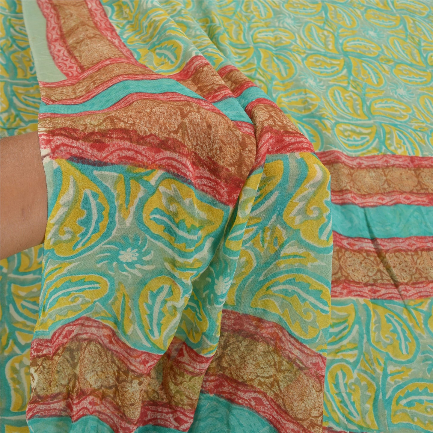 Sanskriti Vintage Grøn Sari Blend Georgette Trykt Sari 5 Yard Håndværk Bæredygtigt Stoff