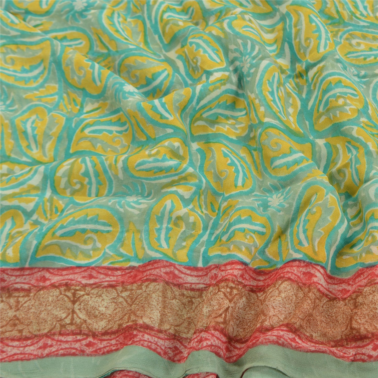 Sanskriti Vintage Grøn Sari Blend Georgette Trykt Sari 5 Yard Håndværk Bæredygtigt Stoff