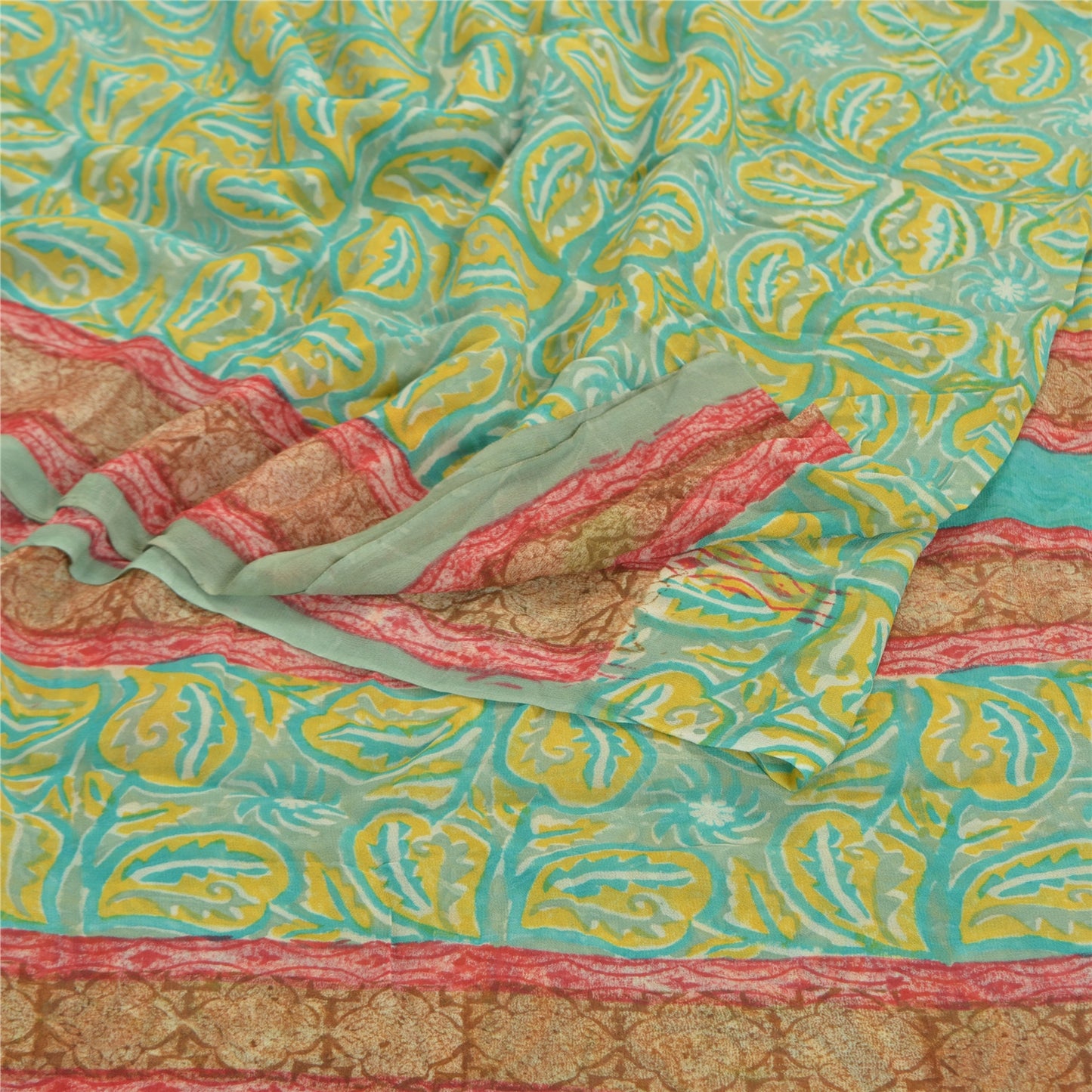Sanskriti Vintage Grøn Sari Blend Georgette Trykt Sari 5 Yard Håndværk Bæredygtigt Stoff