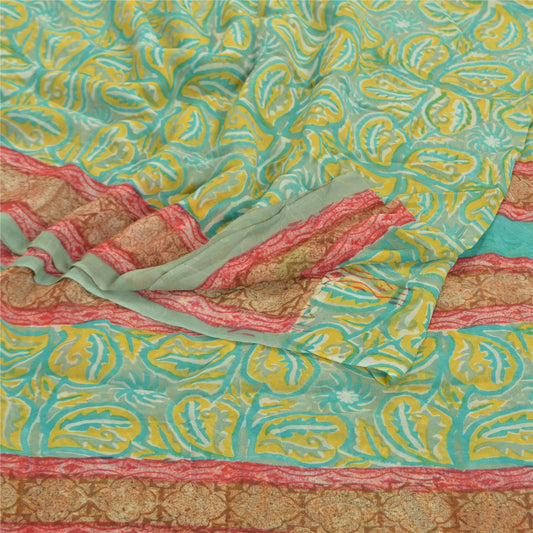 Sanskriti Vintage Grøn Sari Blend Georgette Trykt Sari 5 Yard Håndværk Bæredygtigt Stoff