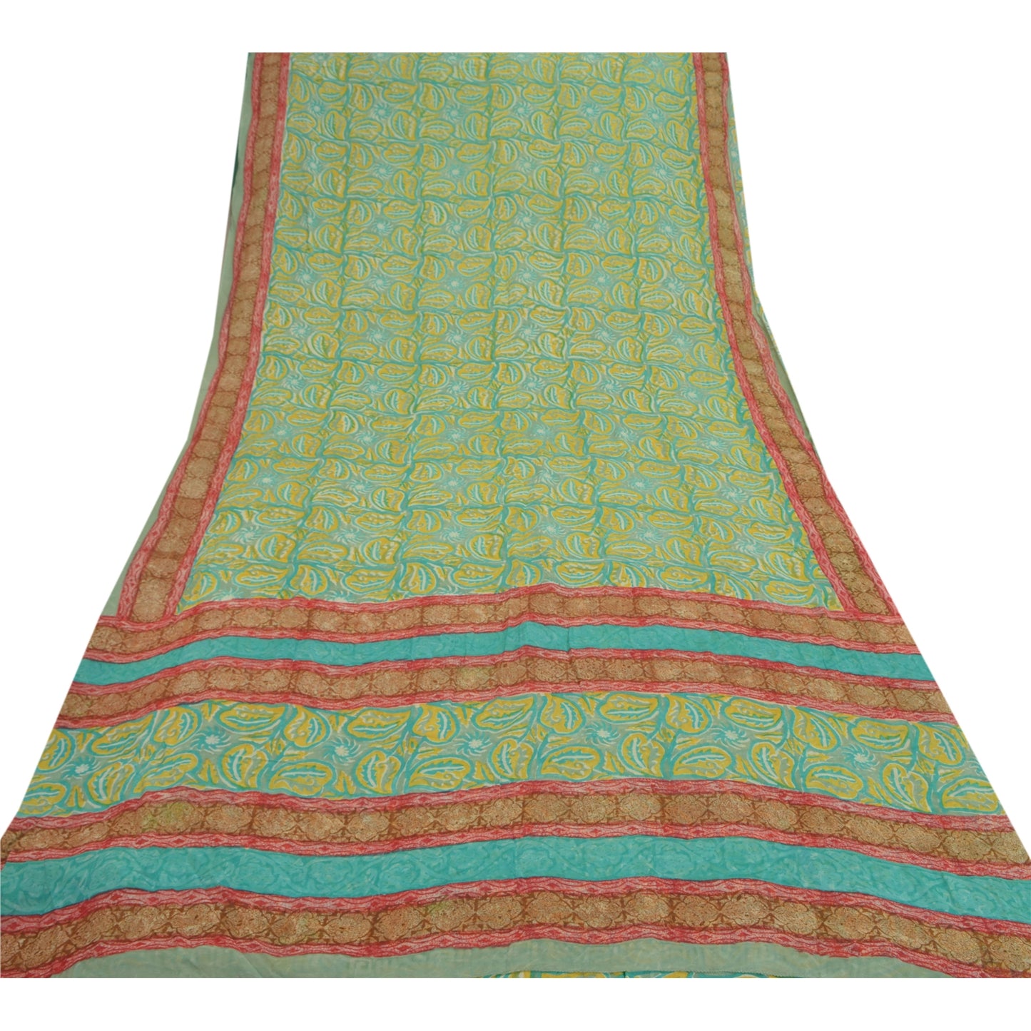 Sanskriti Vintage Grøn Sari Blend Georgette Trykt Sari 5 Yard Håndværk Bæredygtigt Stoff