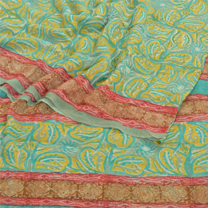 Sanskriti Vintage Grøn Sari Blend Georgette Trykt Sari 5 Yard Håndværk Bæredygtigt Stoff
