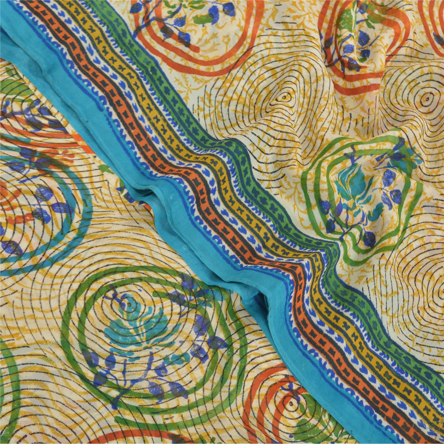 Sanskriti Vintage Cremefarvede Sarier Ren Georgette Silke Trykt Sari 5YD Håndværk Bæredygtigt Stoff
