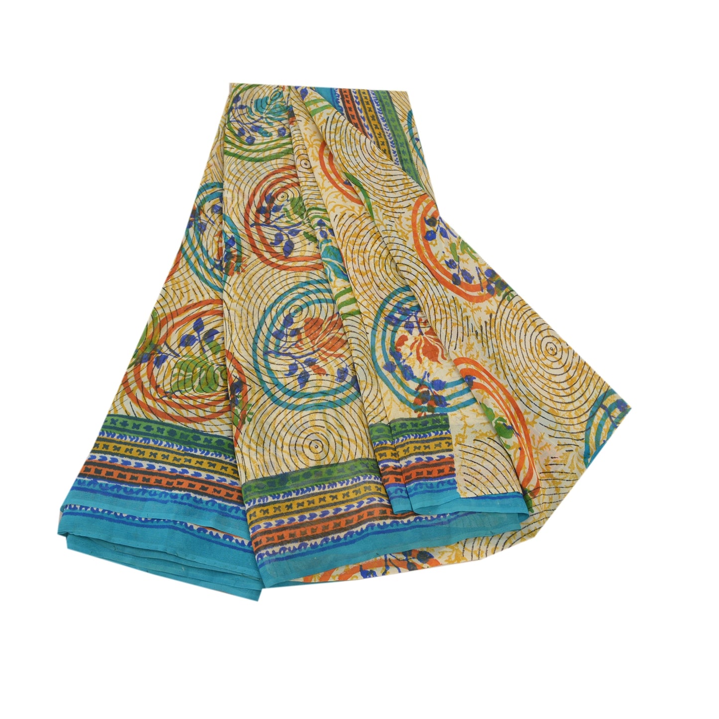 Sanskriti Vintage Cremefarvede Sarier Ren Georgette Silke Trykt Sari 5YD Håndværk Bæredygtigt Stoff