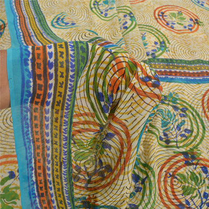 Sanskriti Vintage Cremefarvede Sarier Ren Georgette Silke Trykt Sari 5YD Håndværk Bæredygtigt Stoff