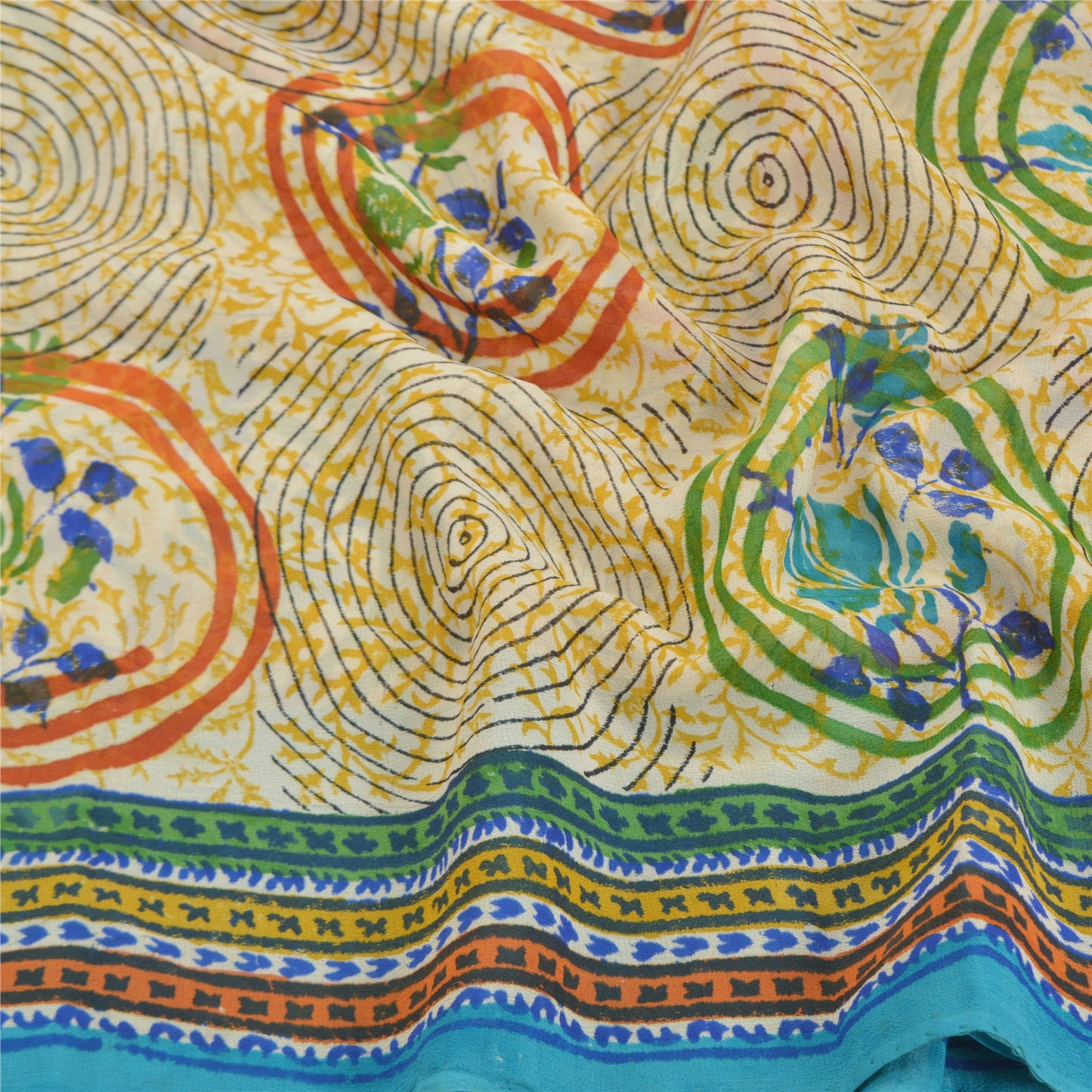 Sanskriti Vintage Cremefarvede Sarier Ren Georgette Silke Trykt Sari 5YD Håndværk Bæredygtigt Stoff