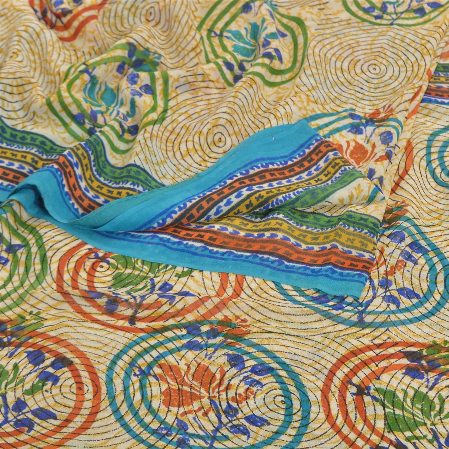 Sanskriti Vintage Cremefarvede Sarier Ren Georgette Silke Trykt Sari 5YD Håndværk Bæredygtigt Stoff