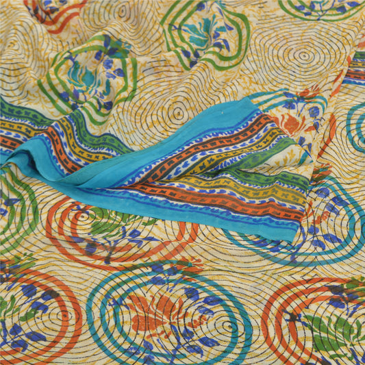 Sanskriti Vintage Cream Sarees Pure Georgette Silk Printed Sari 5YD Craft Sustainable Fabric