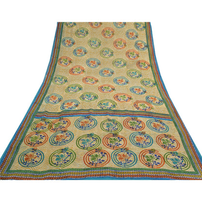Sanskriti Vintage Cremefarvede Sarier Ren Georgette Silke Trykt Sari 5YD Håndværk Bæredygtigt Stoff