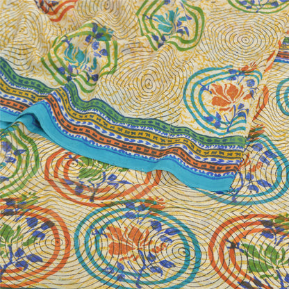 Sanskriti Vintage Cremefarvede Sarier Ren Georgette Silke Trykt Sari 5YD Håndværk Bæredygtigt Stoff