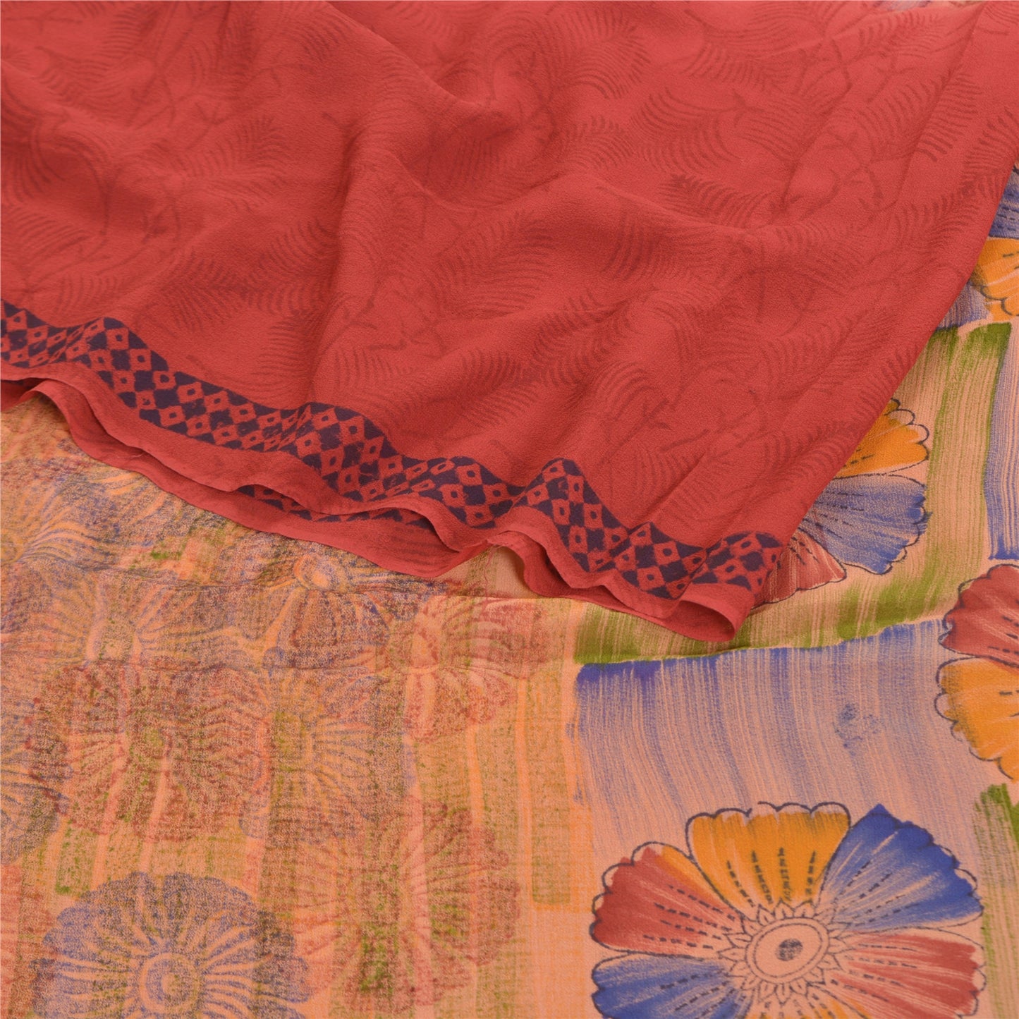 Sanskriti Vintage Røde Indiske Sarier Ren Georgette Silke Trykt Sari Håndværk Bæredygtigt Stoff