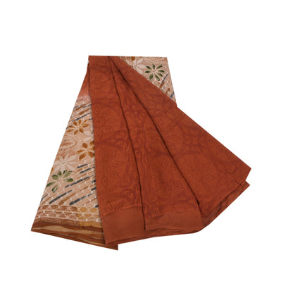 Sanskriti Vintage Brune Sarier Ren Georgette Silke Print Broderet Sari Bæredygtigt Stoff