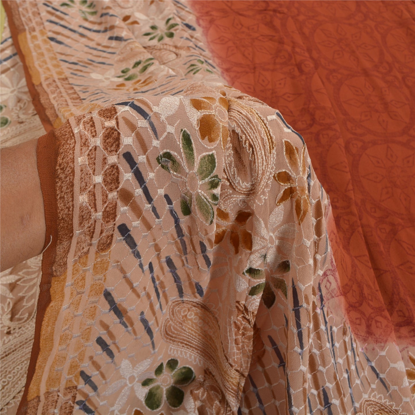 Sanskriti Vintage Brune Sarier Ren Georgette Silke Print Broderet Sari Bæredygtigt Stoff