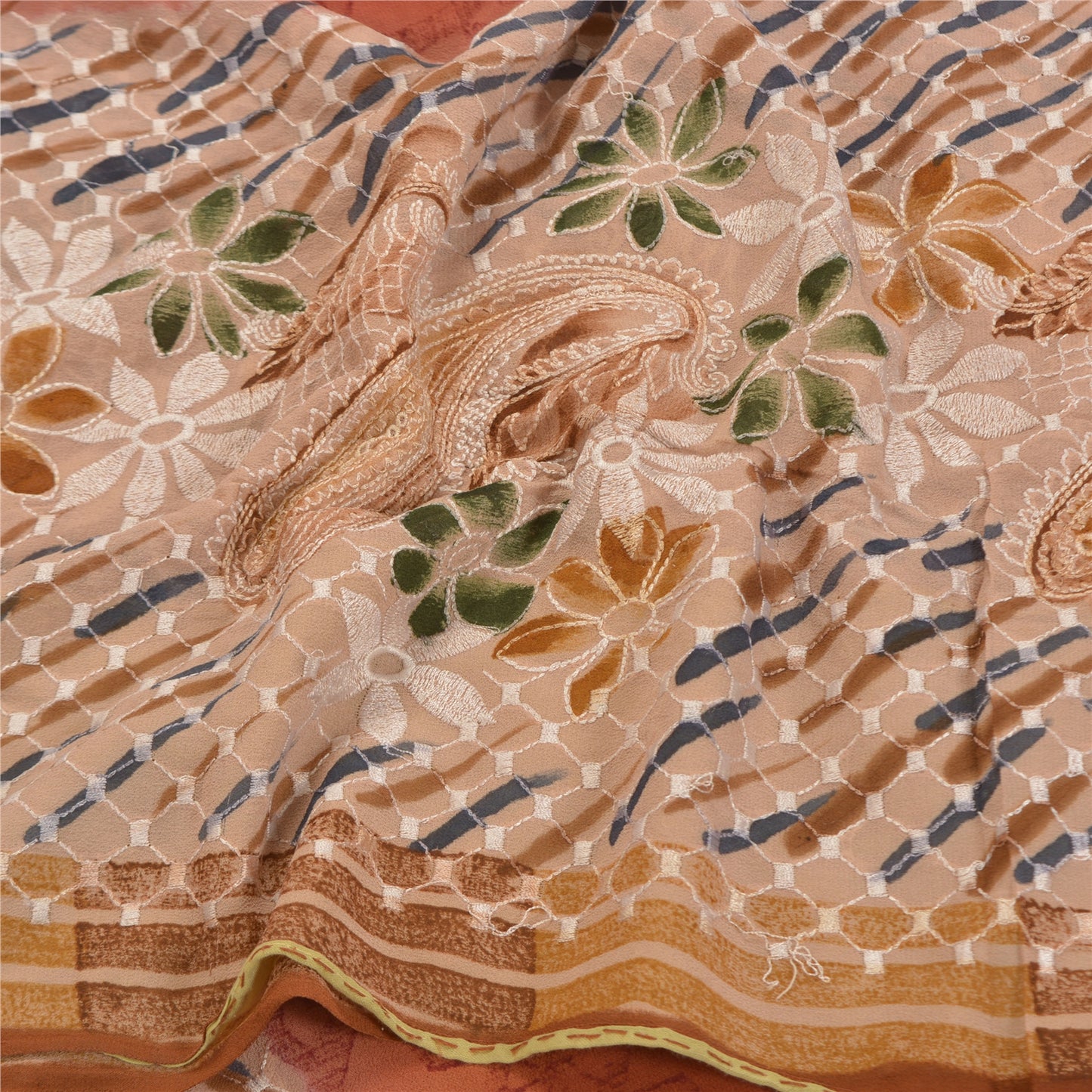 Sanskriti Vintage Brune Sarier Ren Georgette Silke Print Broderet Sari Bæredygtigt Stoff
