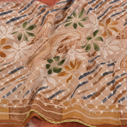 Sanskriti Vintage Brune Sarier Ren Georgette Silke Print Broderet Sari Bæredygtigt Stoff