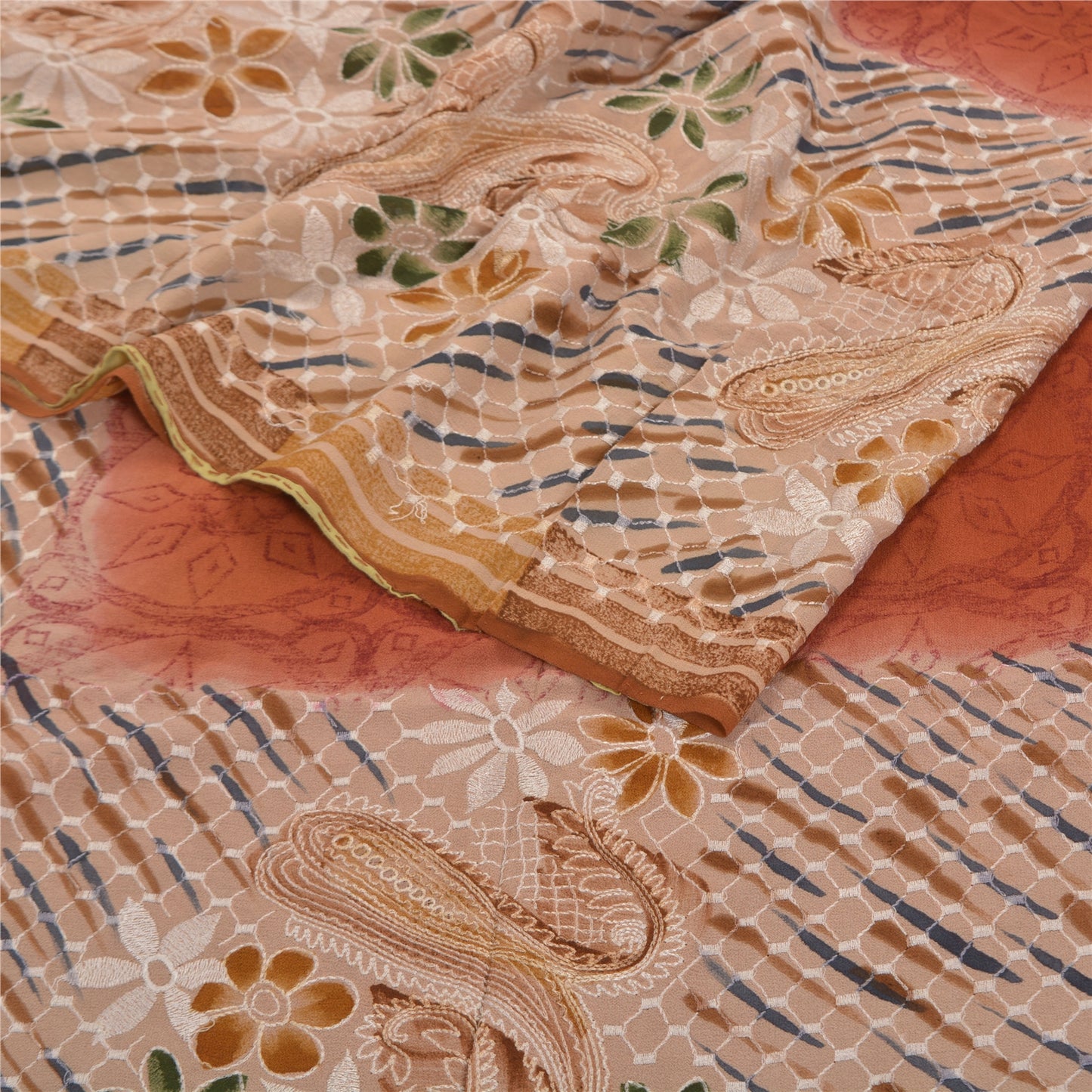 Sanskriti Vintage Brune Sarier Ren Georgette Silke Print Broderet Sari Bæredygtigt Stoff