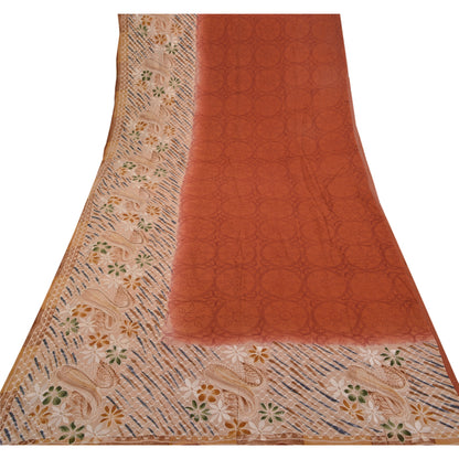Sanskriti Vintage Brune Sarier Ren Georgette Silke Print Broderet Sari Bæredygtigt Stoff